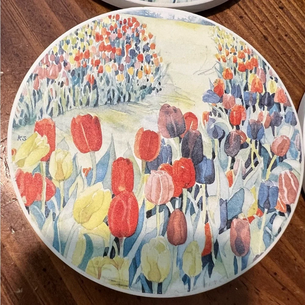 VTG Cape Shore Stone Coasters Tulips Floral Design Set Of Four NIB